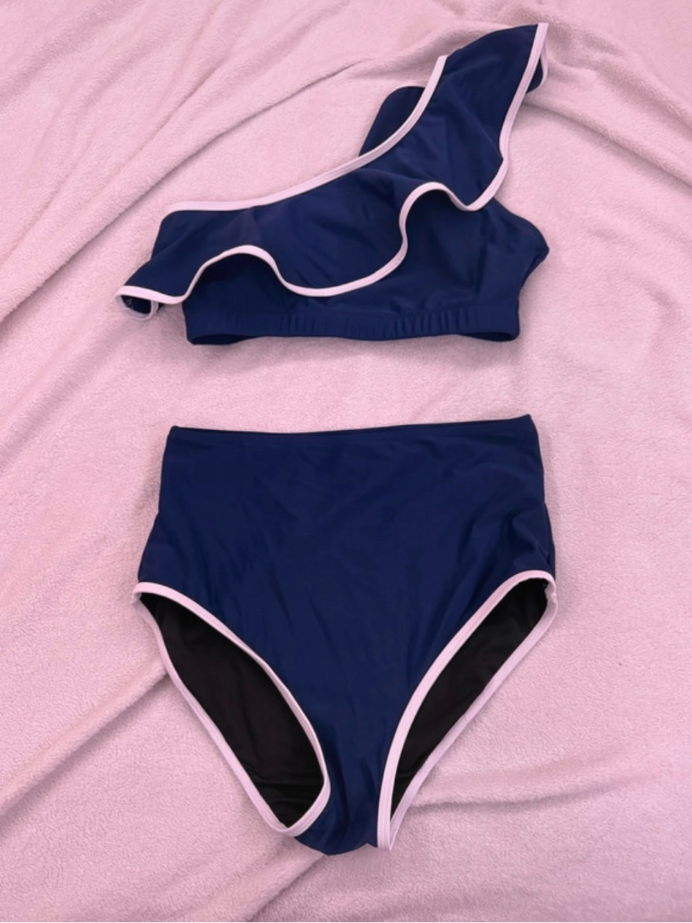 Navy One-Shoulder Ruffle High-Waist Bikini - Picture 3 of 4